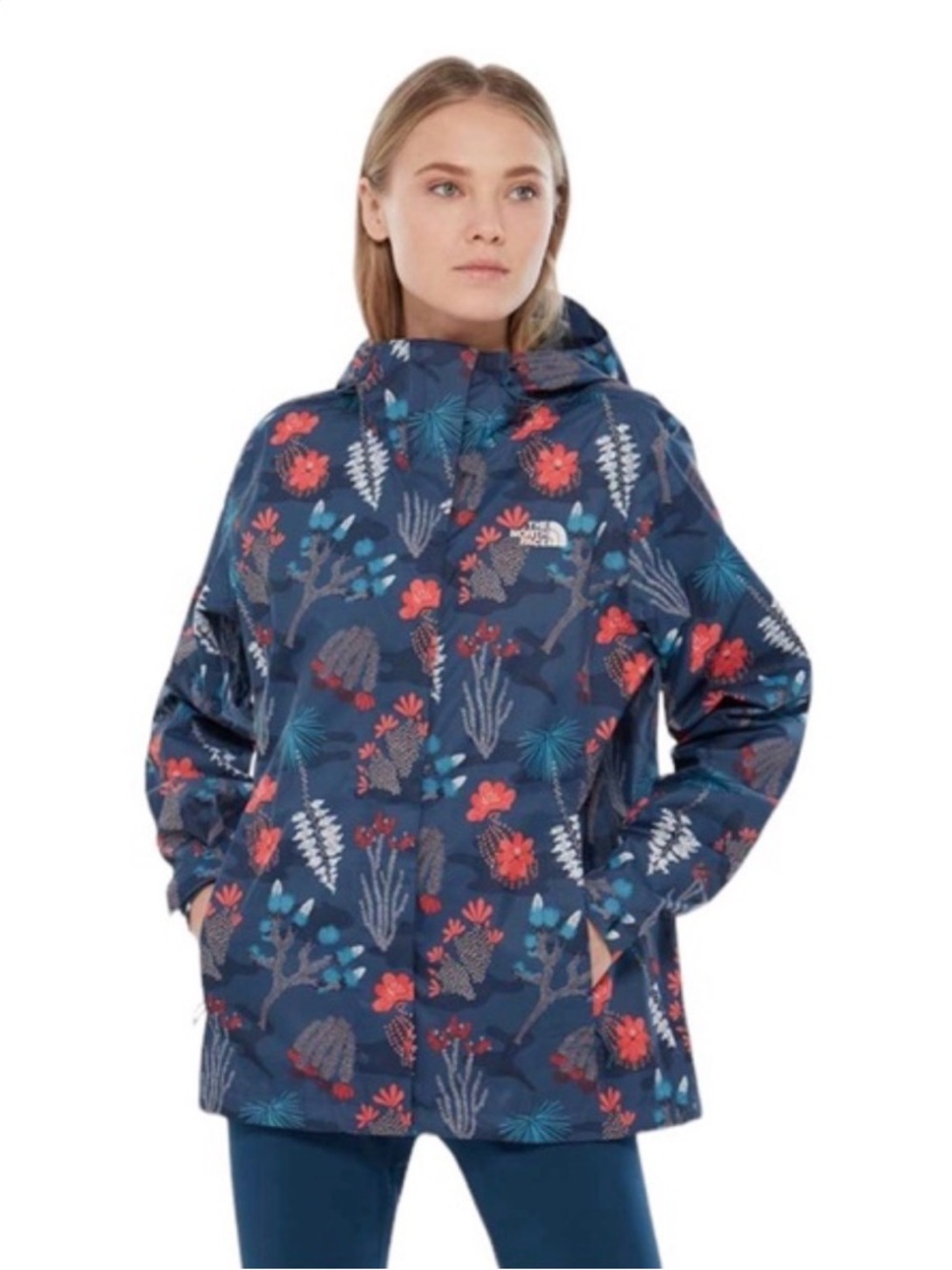 The North Face Women's Navy Floral-Print Hooded Rain Jacket. Waterproof. Size S